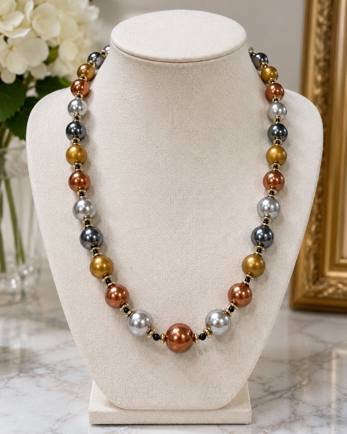 Vintage 1980s Metallic Faux Pearl Statement Necklace Gold Silver Bronze 28”