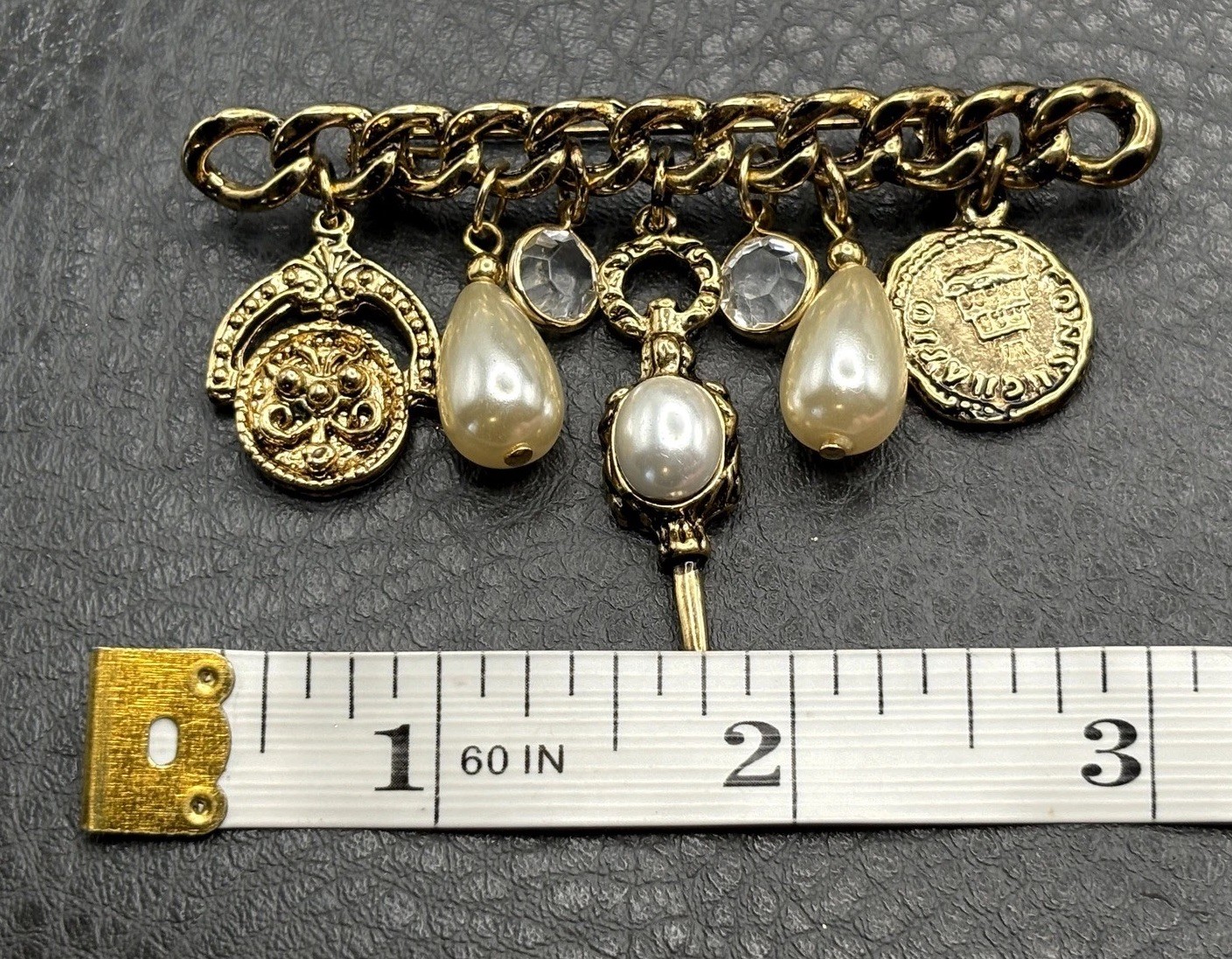 Vintage Gold Tone Charm Brooch Pearl Crystal Stations Coin Medallion Dangles