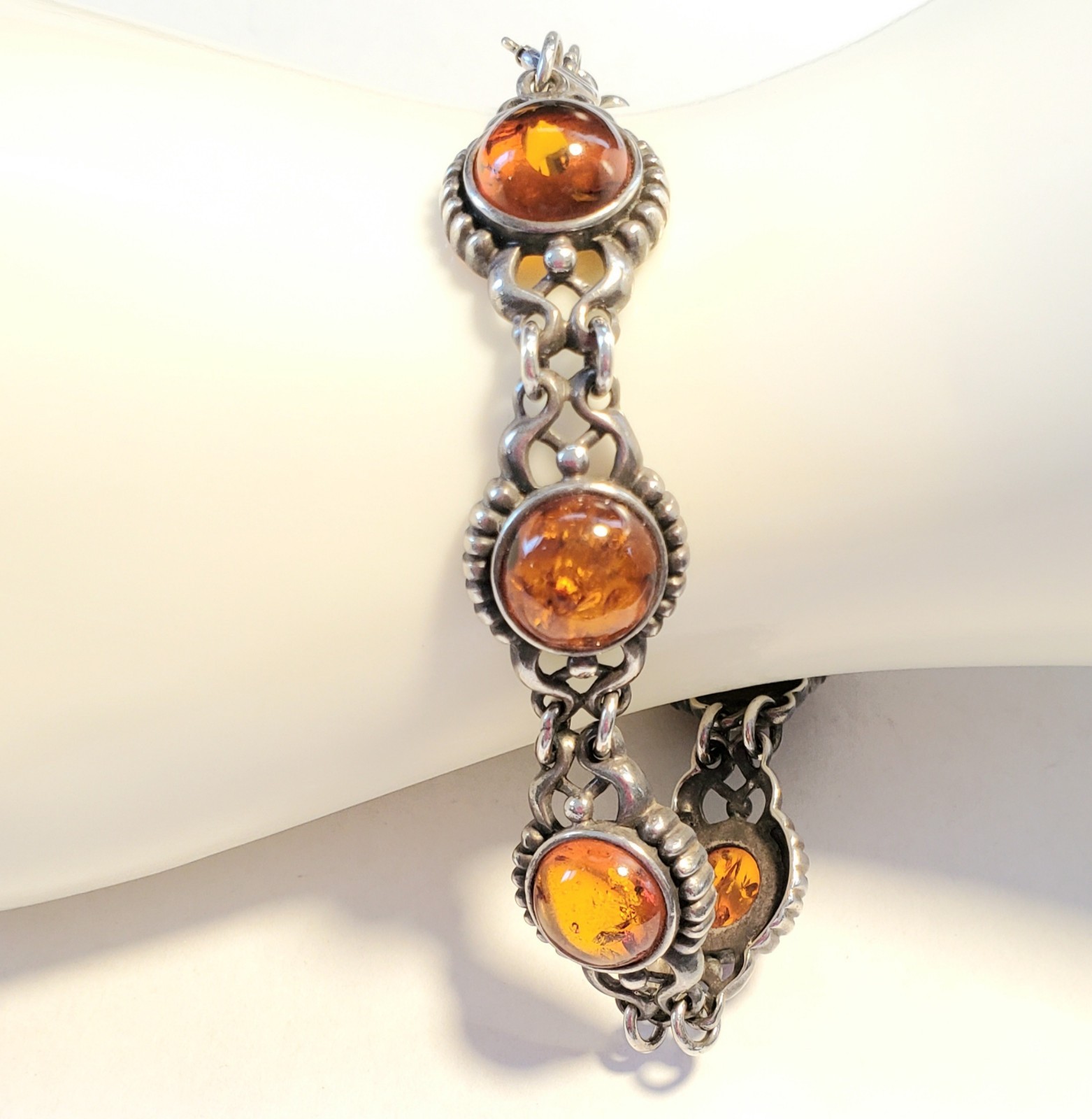 Vintage Baltic Amber Bracelet, Sterling Silver, Signed V-8, By Valerio, Poland