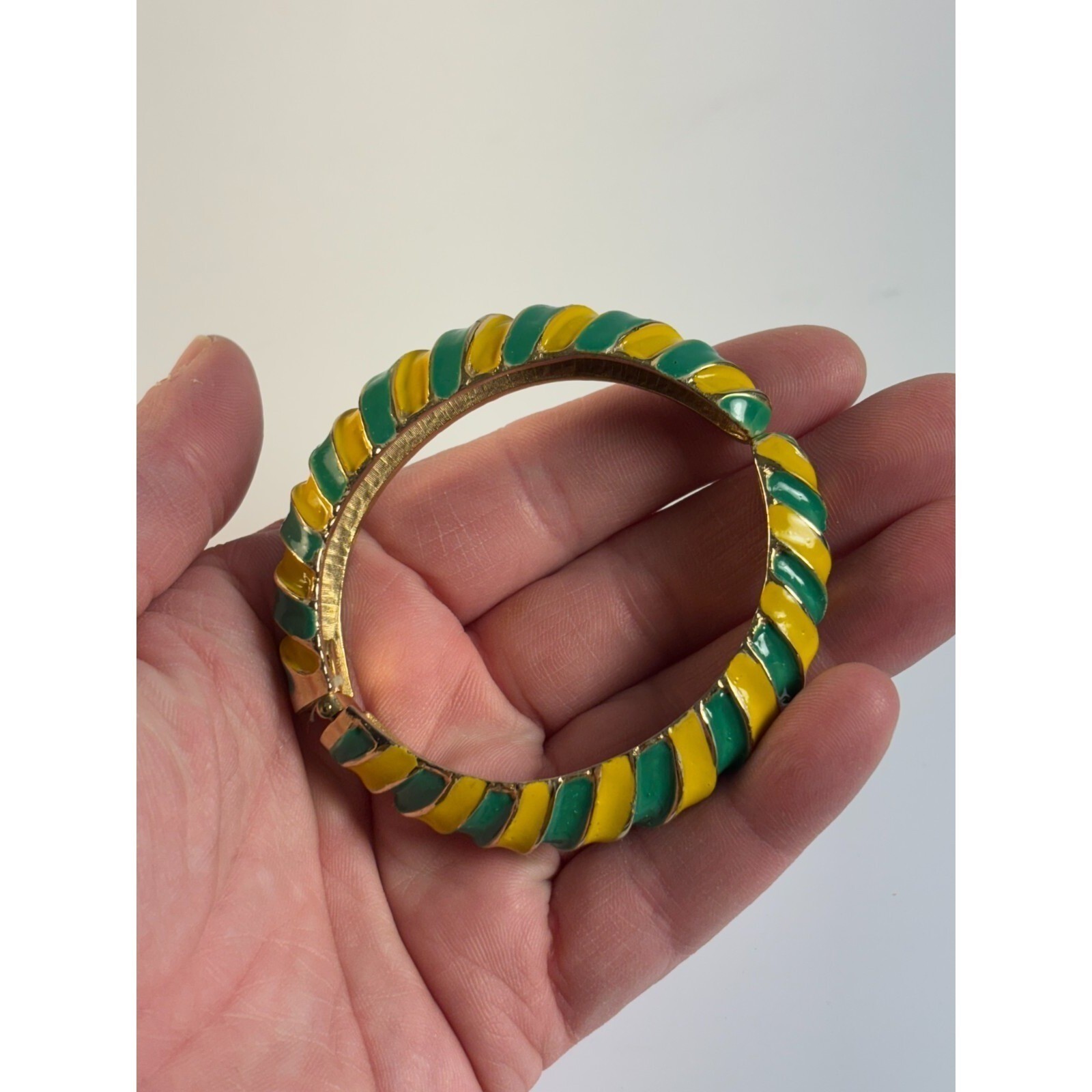 Bracelet Cuff Gold Tone Green Yellow Enamel Signed Les Bernard Vintage Hinged