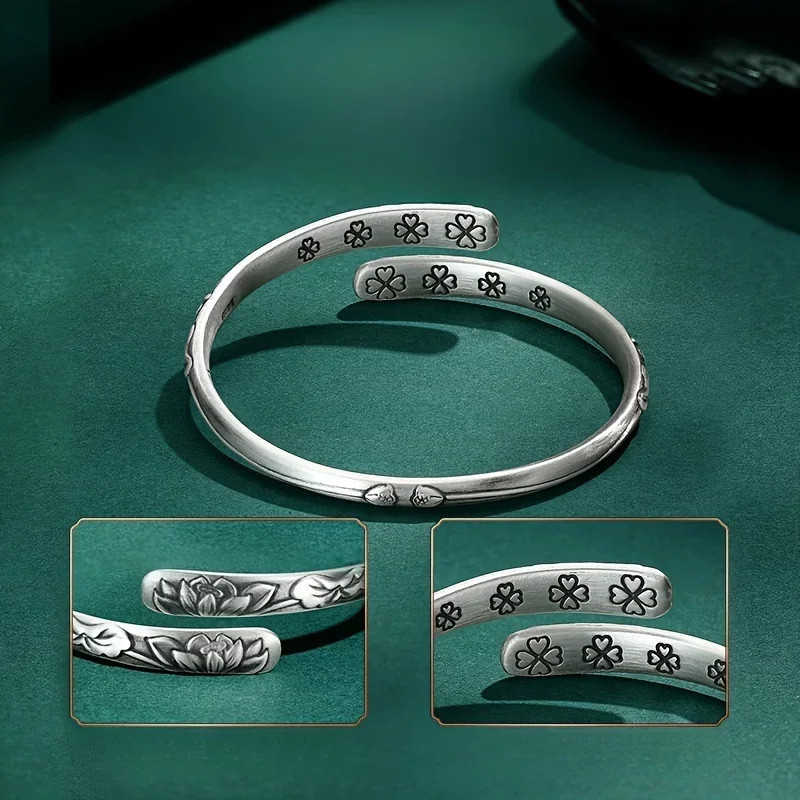 Vintage 925 Silver Lotus Flower Cuff Bracelet Adjustable Bangle for Women