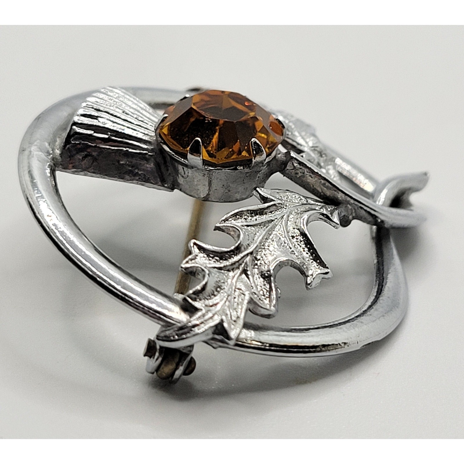 Scottish Thistle Brooch Kilt Shawl Pin Silvertone Orange Rhinestone Vintage