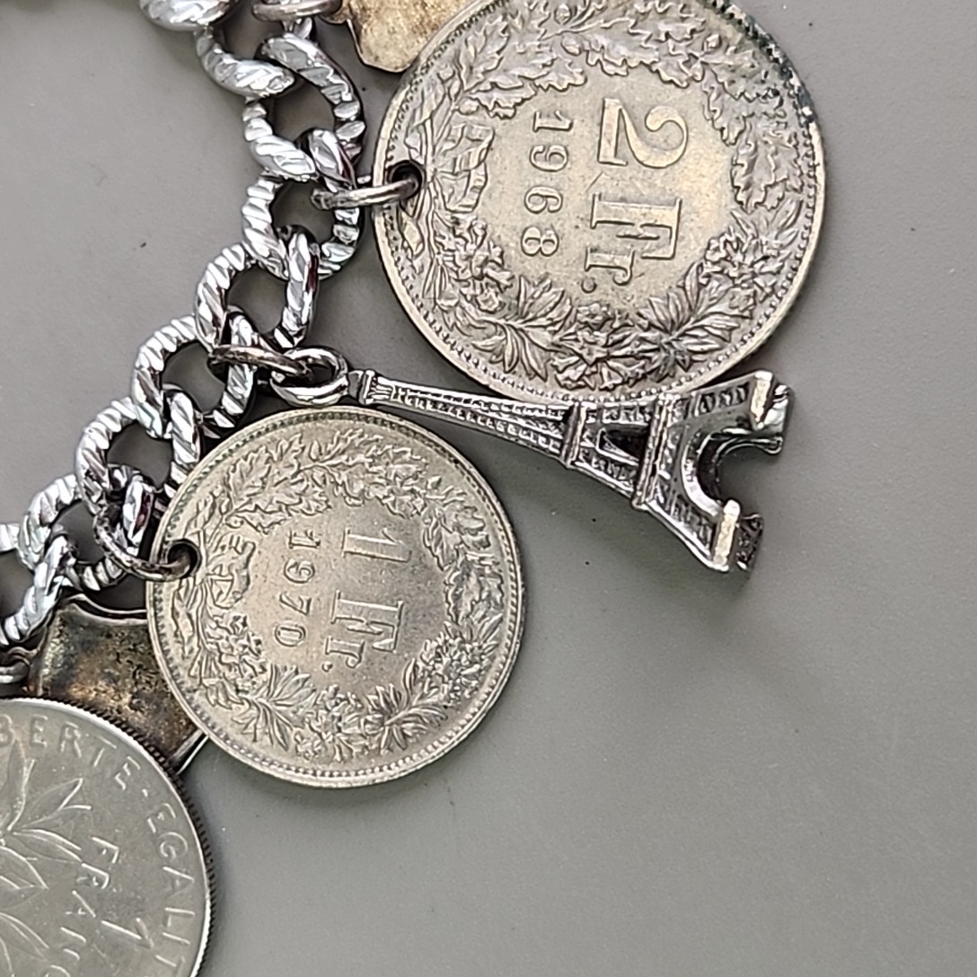 Vintage Coin Charm Bracelet Sterling Silver Plated Souvenir England France Franc