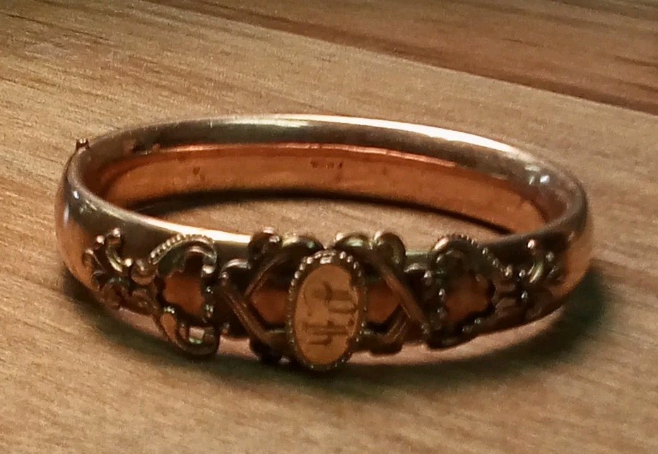 FM Co Antique Victorian Rolled Gold Engraved Cuff Bangle With Push Lock Clasp