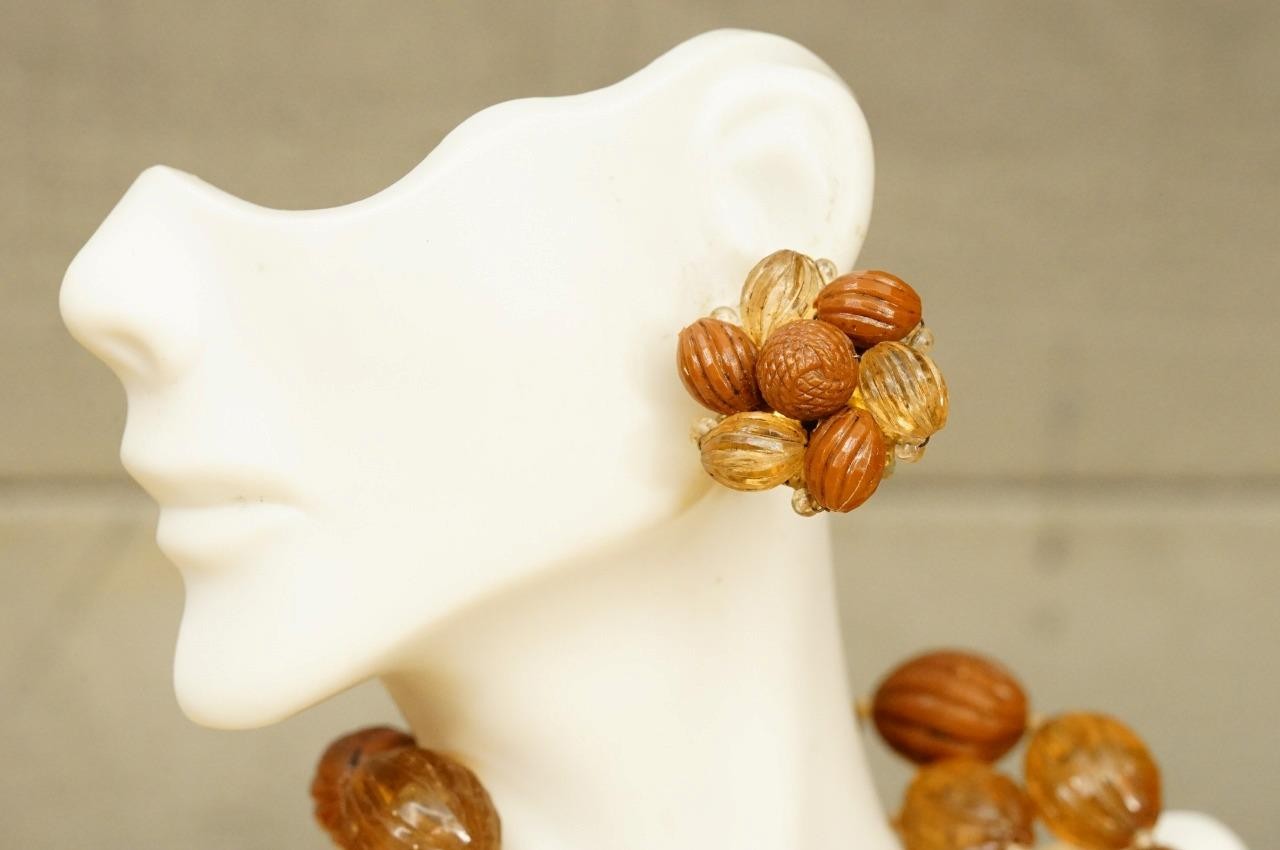 Vintage Hong Kong Costume Jewelry Amber Brown Beaded Celluloid Lucite Necklace