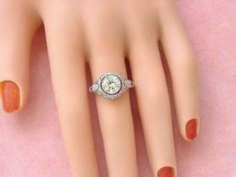3Ct Art Deco Style Lab Created Diamond & Ruby Wedding 14K White Gold Finish Ring