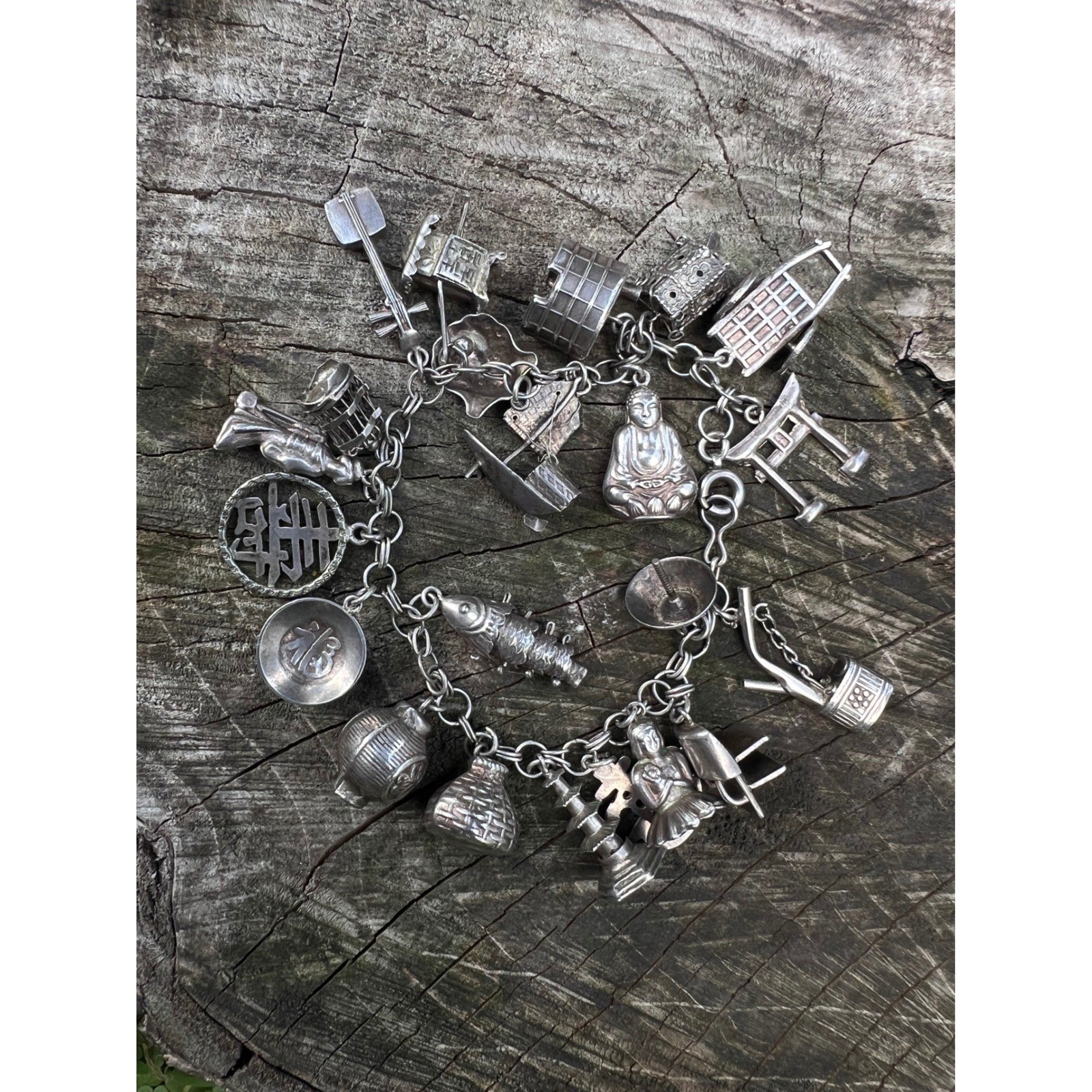 VTG 925 Sterling Silver Asian Theme 3D Articulated Overloaded 22 Charms Bracelet