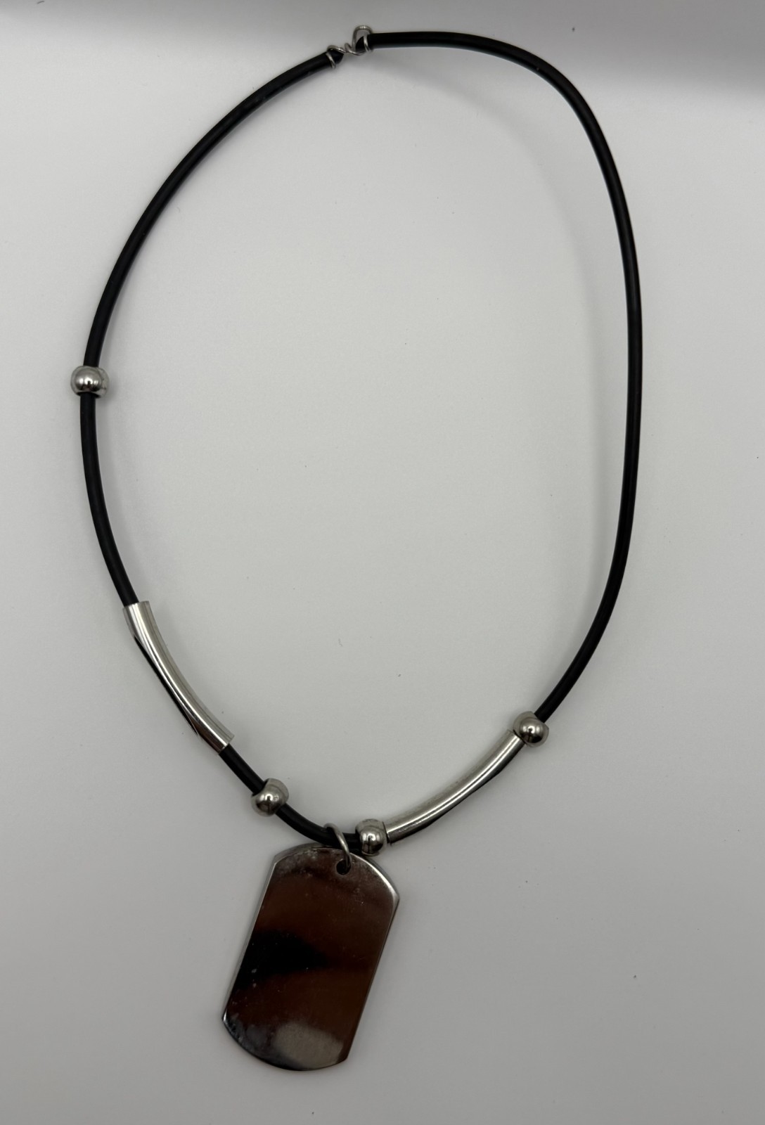 Black Cord Necklace with Silver-Tone Dog Tag Pendant
