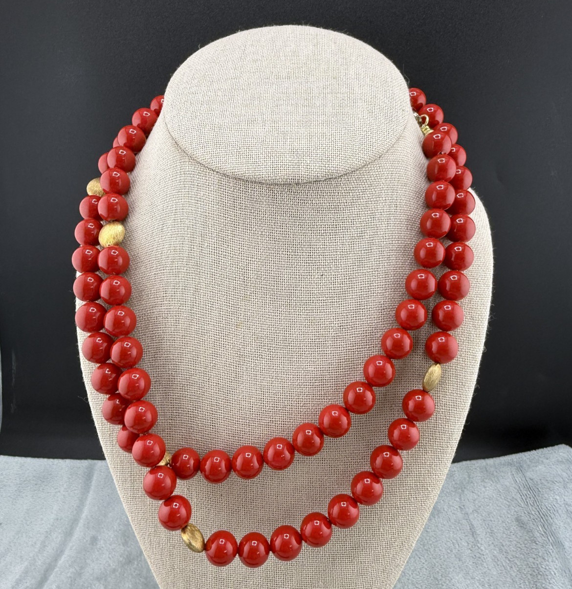 Vintage Gold Filled Red Glass Beaded Necklace 36″