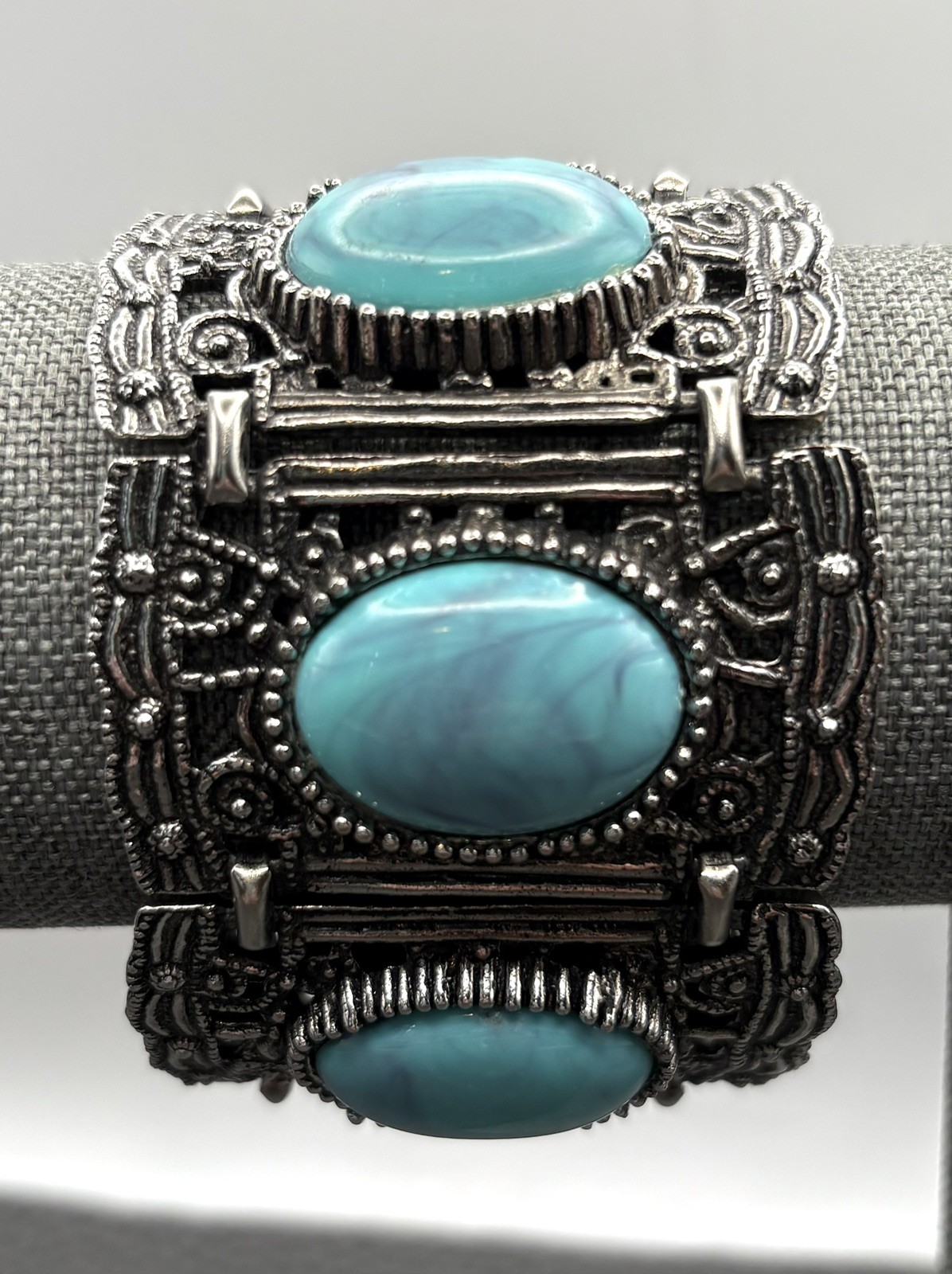 VTG Wide Chunky Panel Bracelet Faux Turquoise Boho Silver Tone Filigree