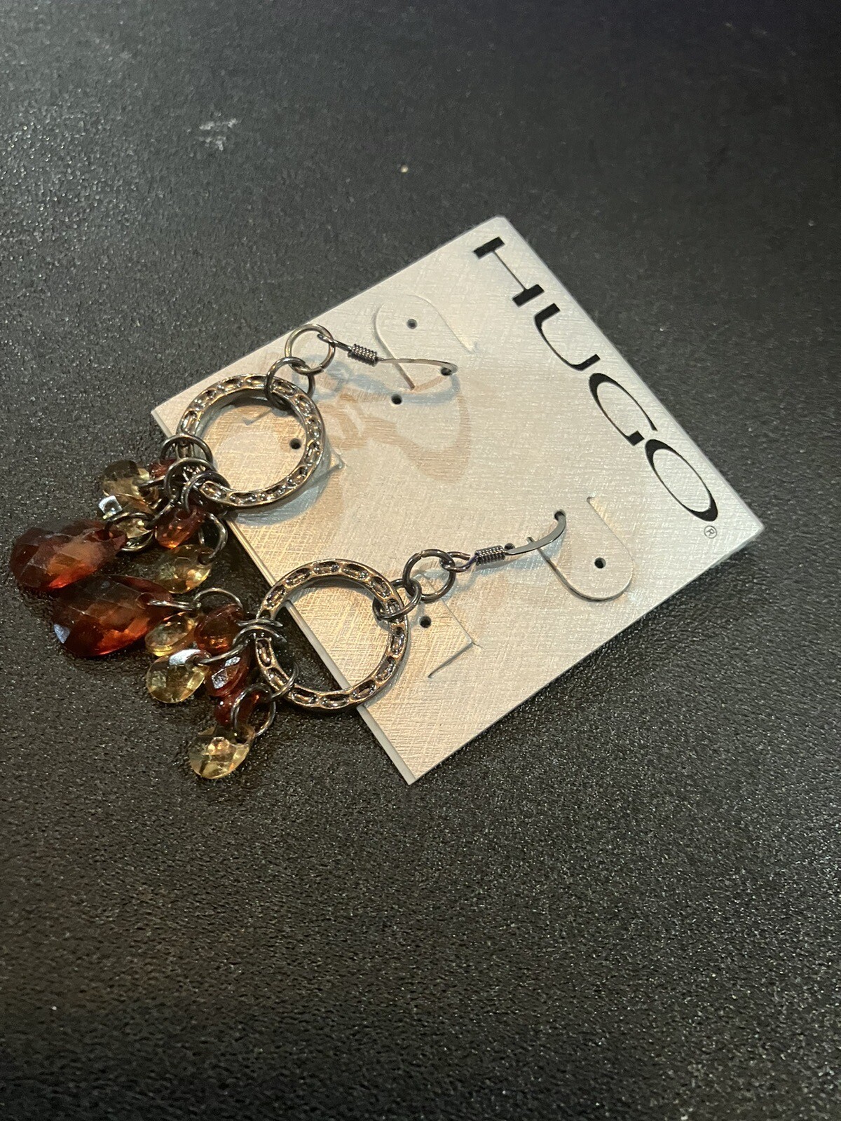 Vtg Earrings Golden Brown Amber Glass Dangle Hoops Teardrop Faceted DWK Jewelry