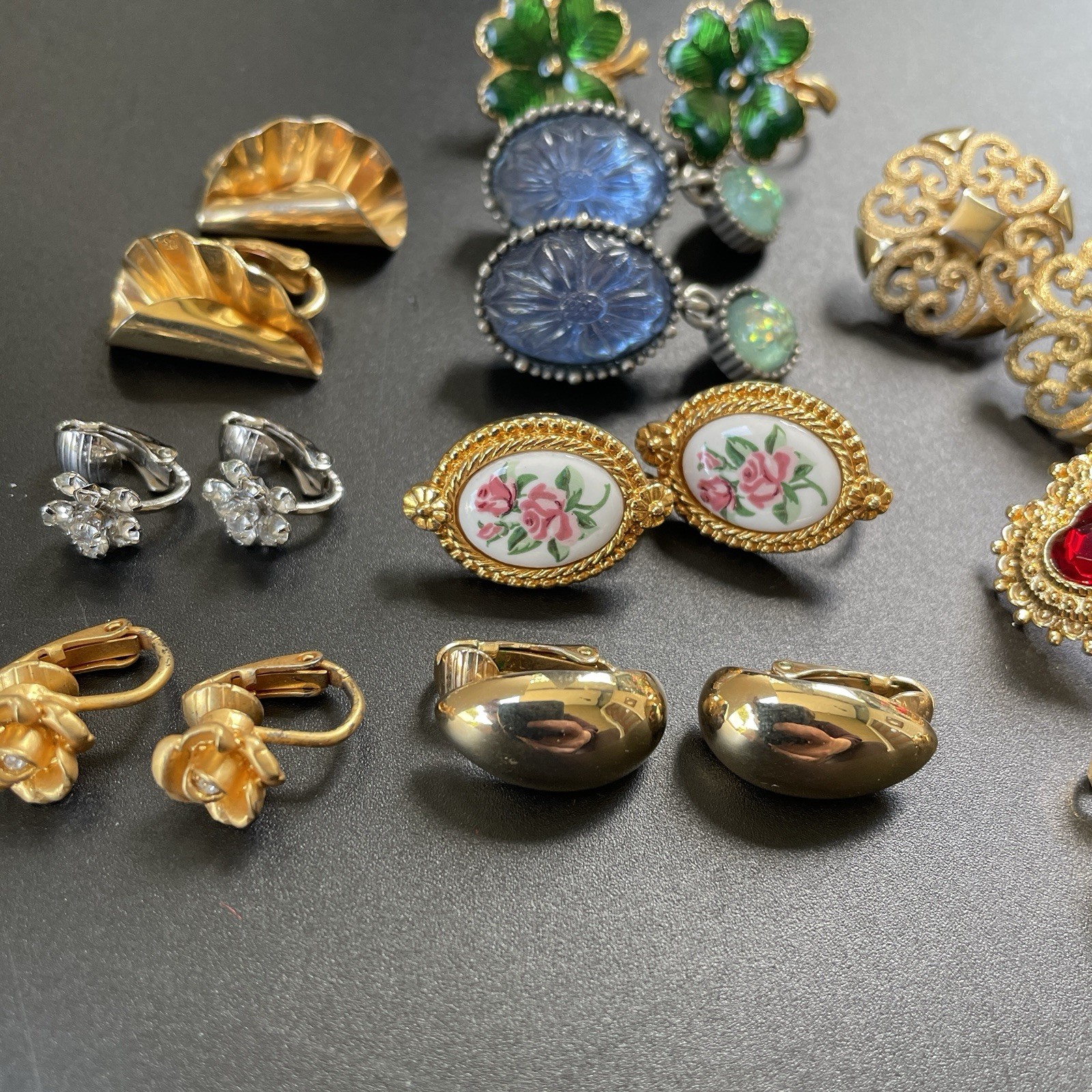 AVON Clip On Earring 10 Pair Lot All Signed Gold and Silver Tone Heart Clover