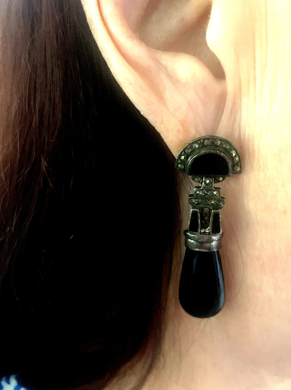 Vintage Signed 925 ND Sterling Black Onyx & Marcasite PE Dangle Earrings