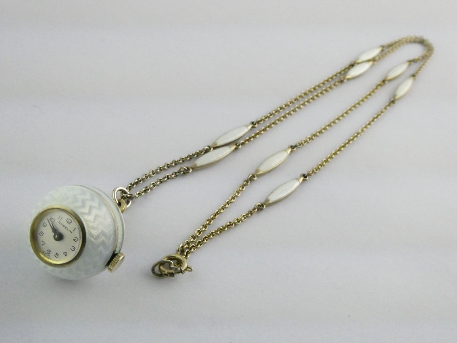Gubelin Swiss White Guilloche Enamel Watch Necklace Sterling Silver WORKING 30g