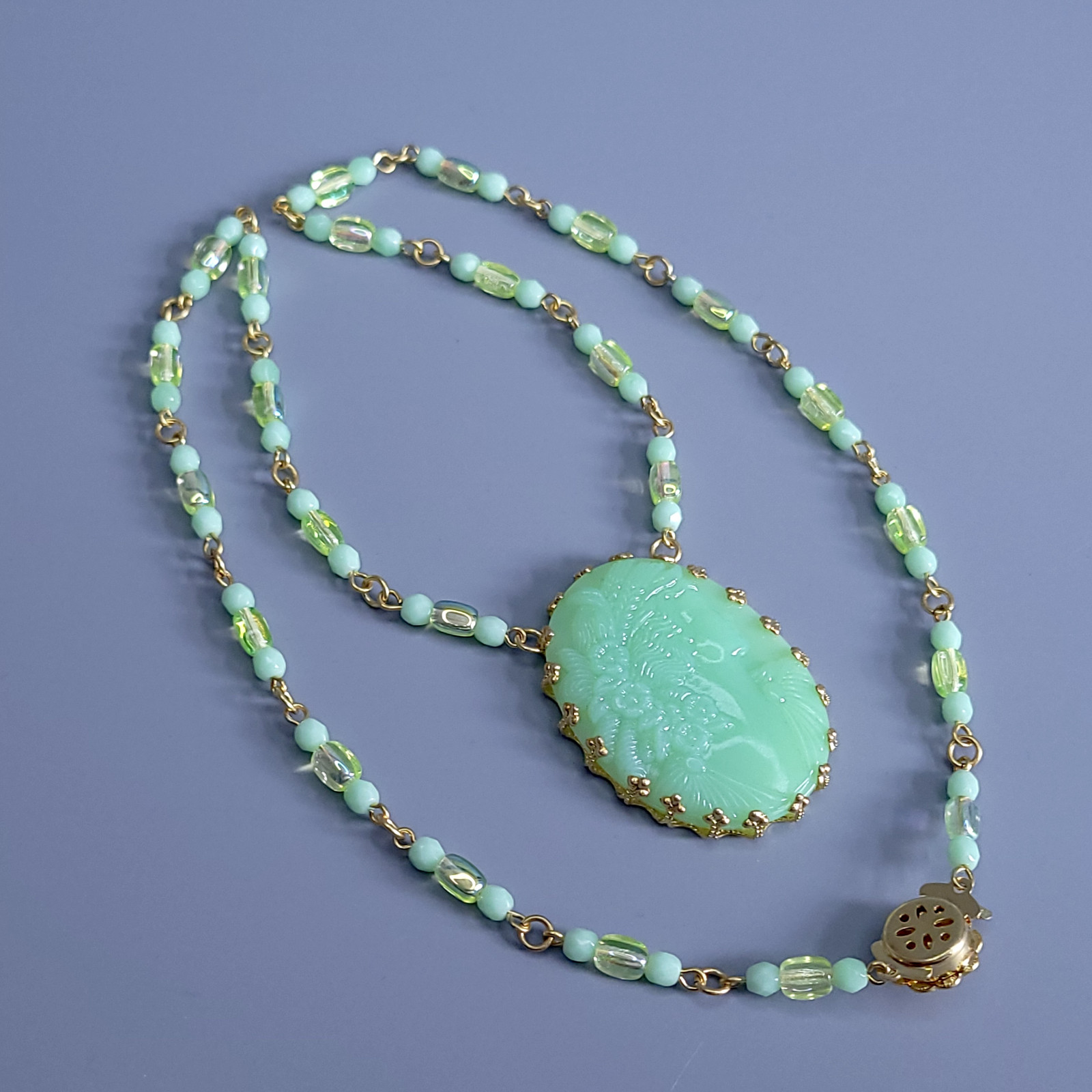 Uranium Glass Necklace 21” Cameo Pendant Vaseline Green Czech Beads