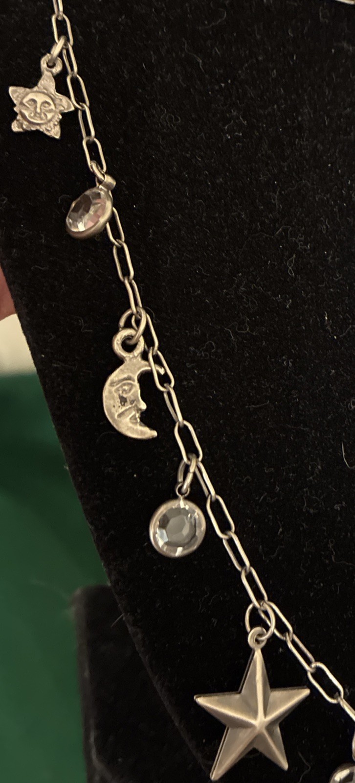 Vintage Silver 36” Celestial Necklace Sun Moon Stars Cupid Bevel Set Crystals