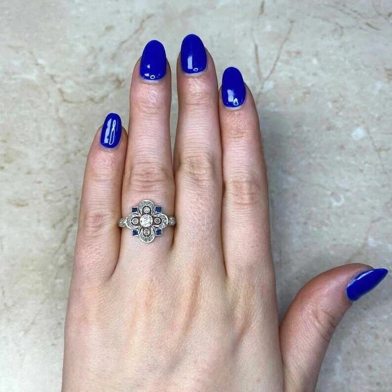 1920s Edwardian Vintage Art Deco Filigree Sapphire Diamond Engagement Gift Ring