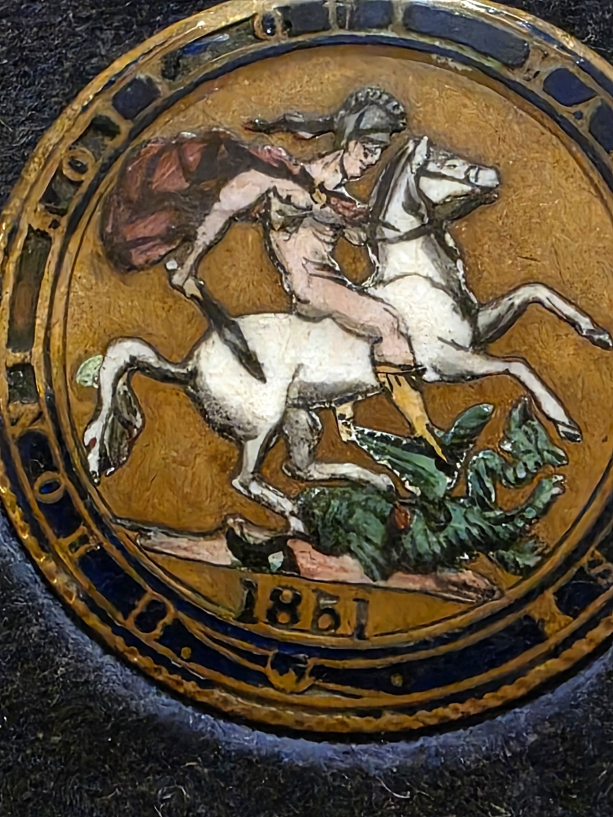 1851 Great Britain London Exhibition Crown Coin w/Enameled ST George, Pin Brooch