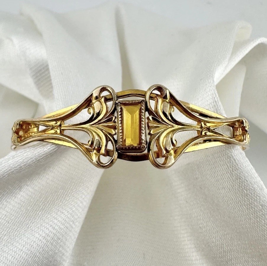 Antique Victorian Gold Filled Brass Bracelet Art Nouveau Yellow Adjustable Read