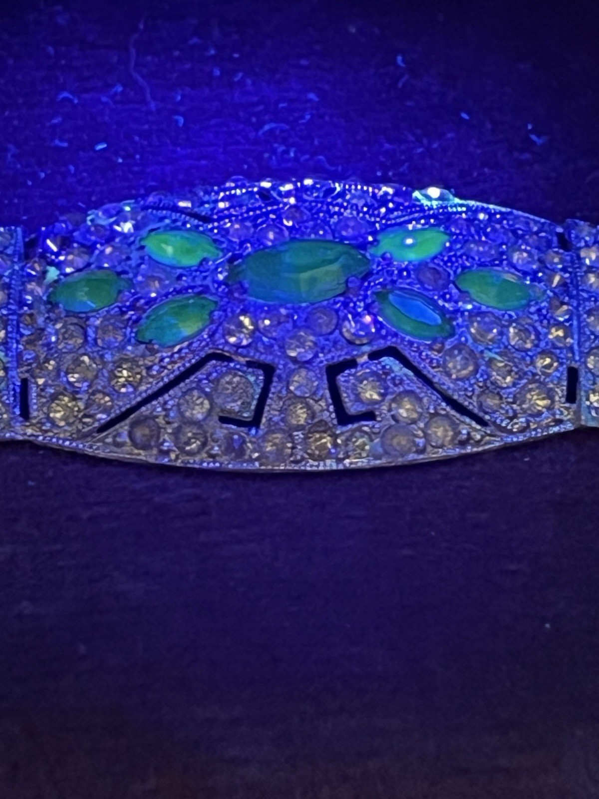 Art Deco Blue Uranium Glow Clear Paste Brooch w/ Baguette & Pavé Rhinestones 2”