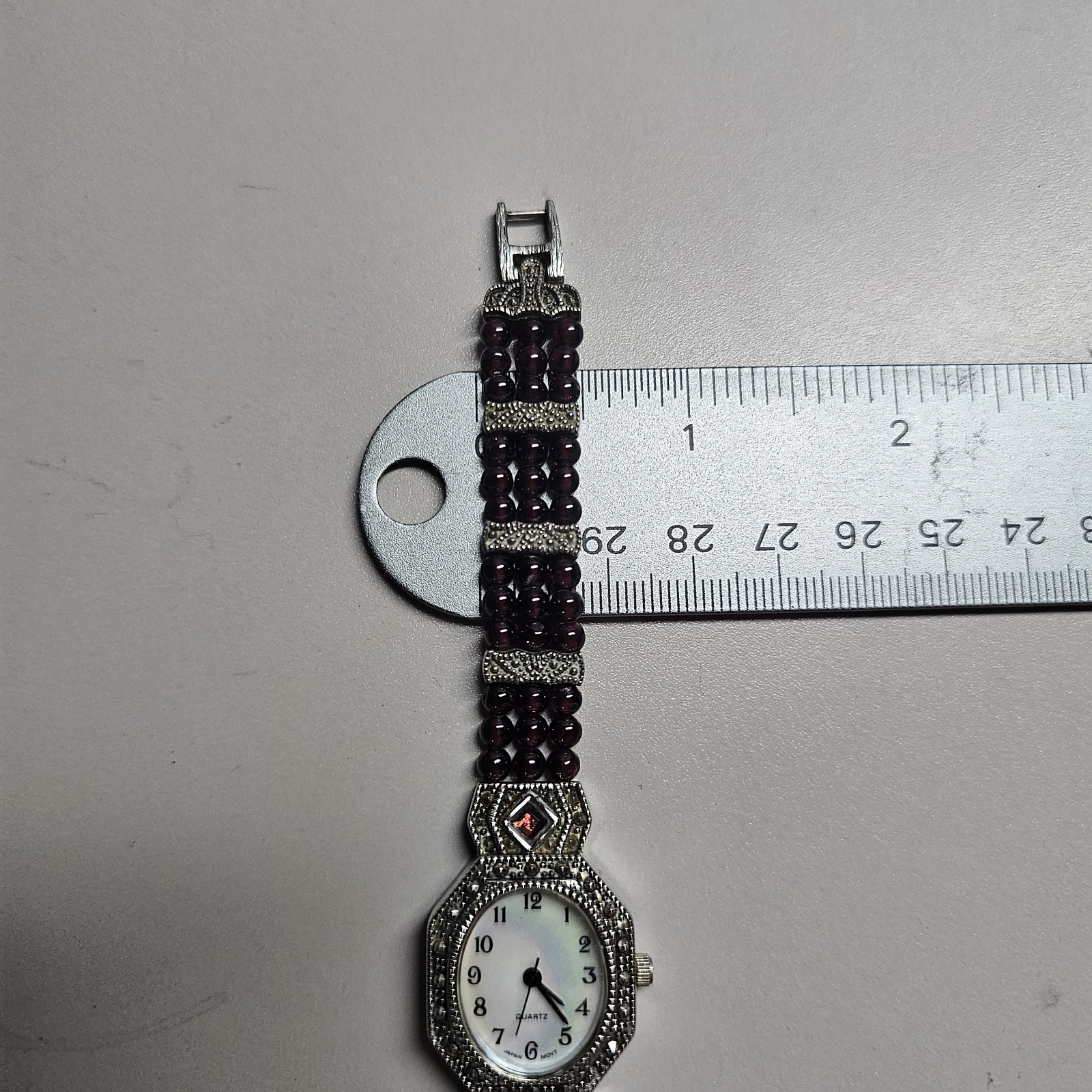 Vtg Silver Tone Marcasite W/ Garnet Beads Watch & Bracelet Set