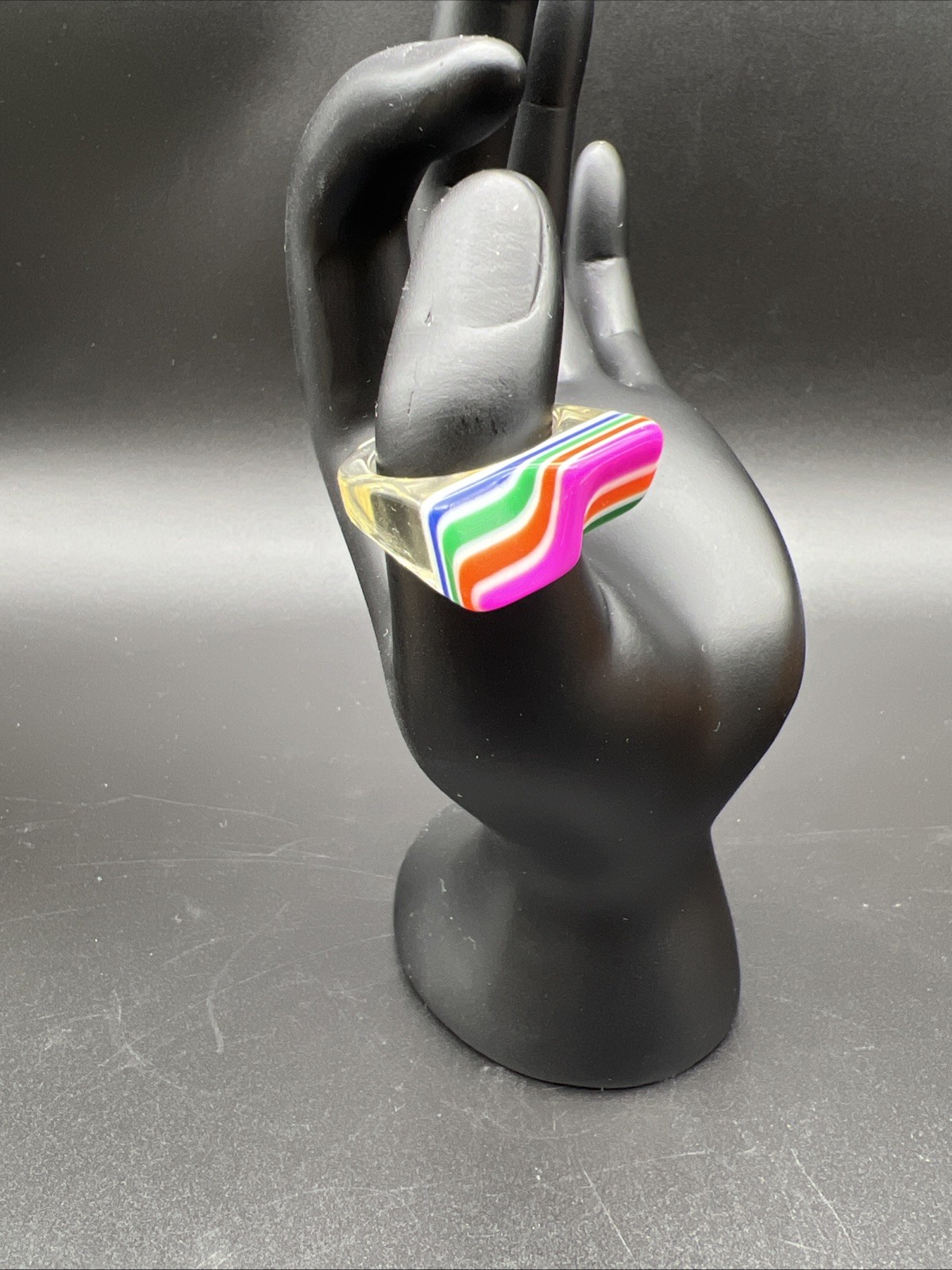 Acrylic/Resin Rings/Multi Stripe (8) and Orange w/Floral Design (9) /70s Style