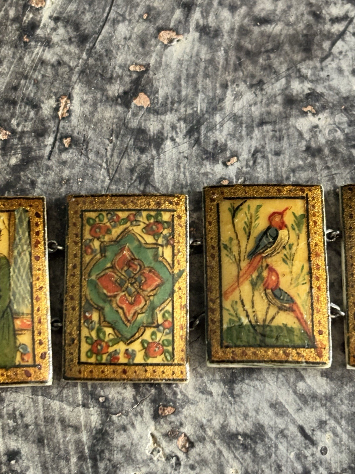 Antique Persian Hand Painted 8-Panel Story Bracelet on Bone Pin & Barrel Lock