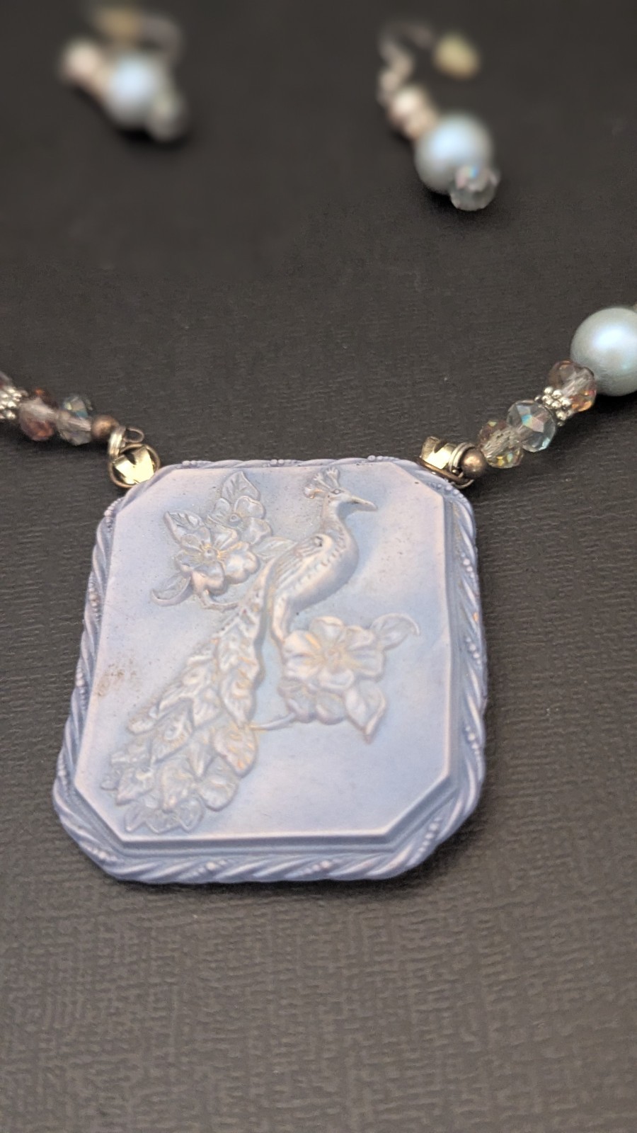 Vintage Light Blue Embossed Peacock Necklace – possibly Celluloid? With Earrings