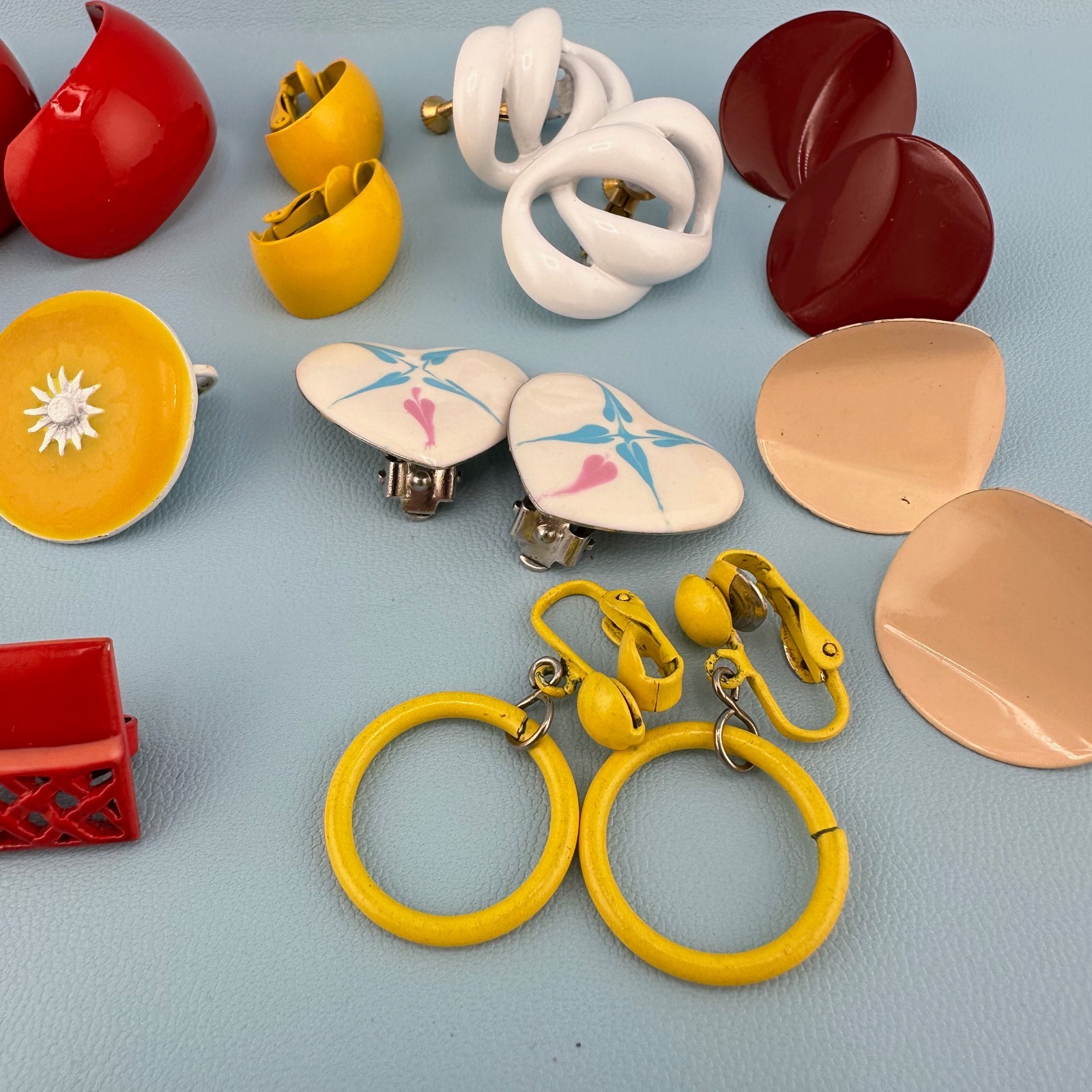 Vintage Enamel Metal Earrings Lot Clip On Bright Colorful 1980s Retro Pop MOD
