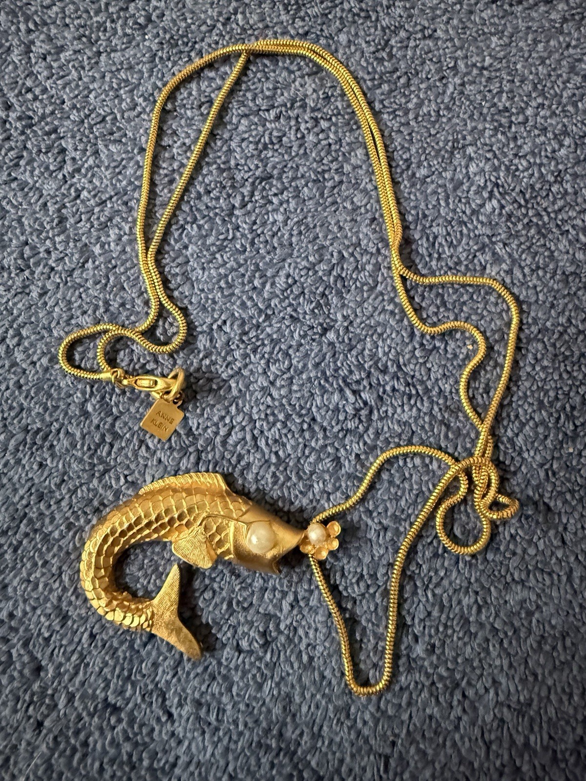 Vintage 1990s Anne Klein Necklace Matte Gold Tone Koi Fish With Pearl Eye & Mout