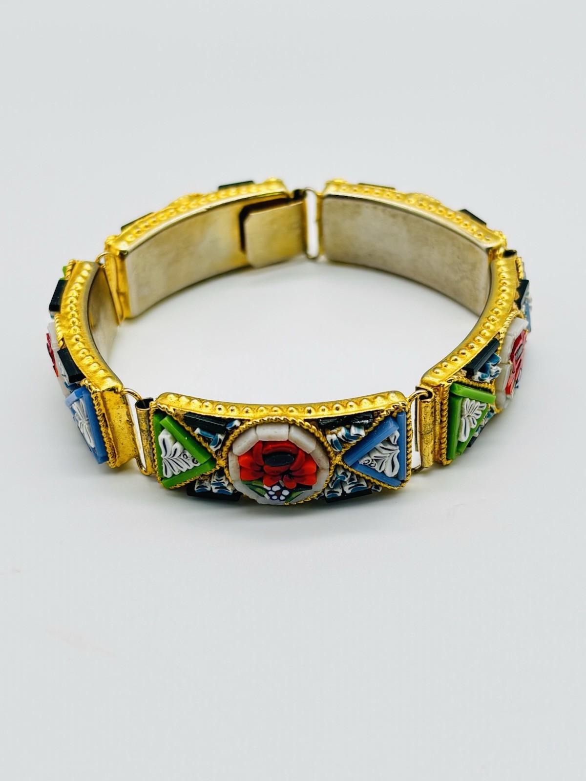 Vtg ITALIAN Mosaic Flower Red Green Yellow Gold Tone Bracelet