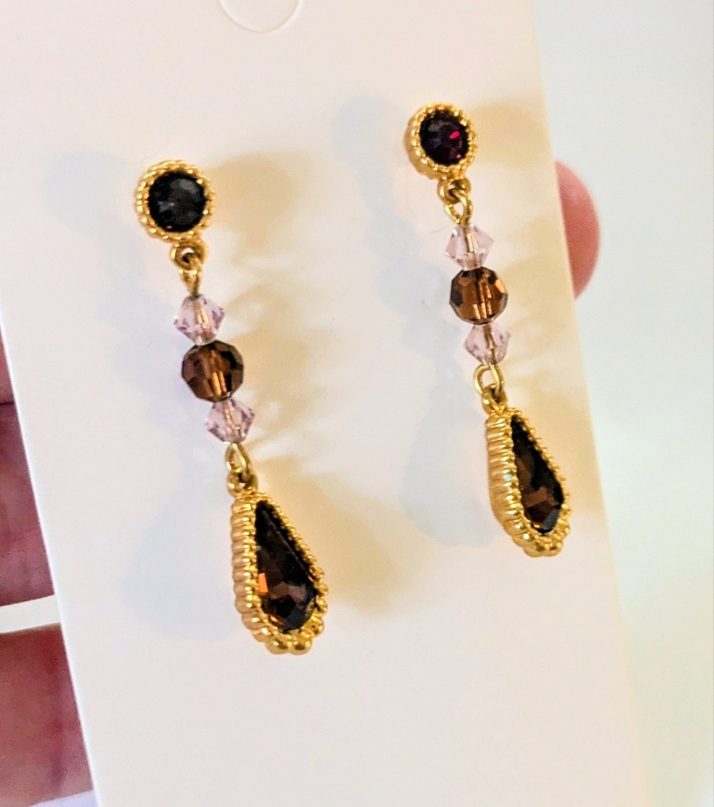 Vintage SWAROVSKI Swan Signed Brown Garnet Tone Crystal Dangle Drop Earrings 1.5