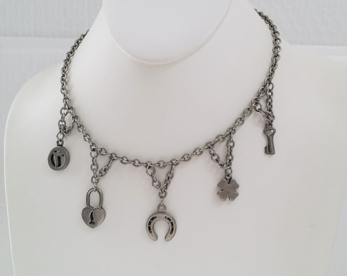 Vintage Pewter Lucky Charm Necklace