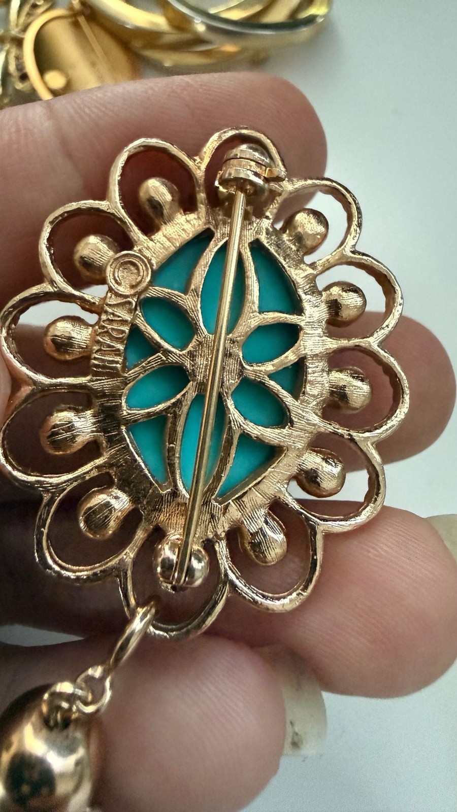 Vintage Sarah Coventry Turquoise Cabochon and Faux Pearl Tassel Brooch