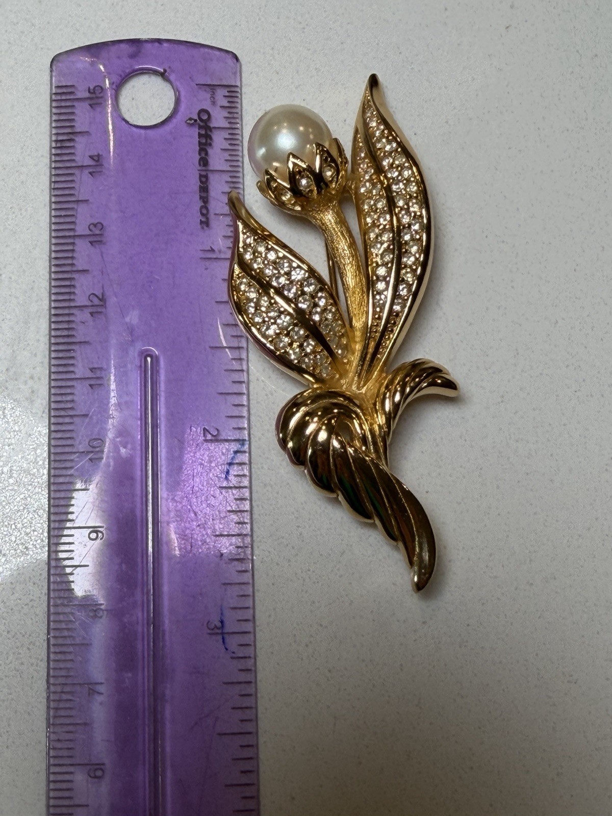 Vintage Christian Dior Gold Tone Faux Pearl Rhinestone Floral Brooch Signed