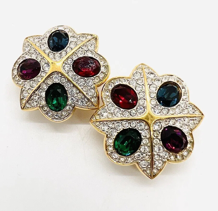 SWAROVSKI Multicolored Jewel Tone Crystal Earrings Signed Vintage Jewelry