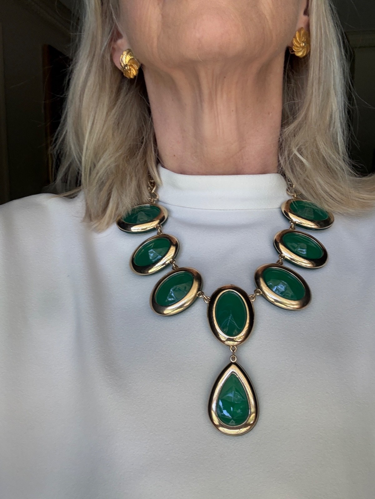 Emerald Green Lucite Necklace Gold Tone Statement Runway Large