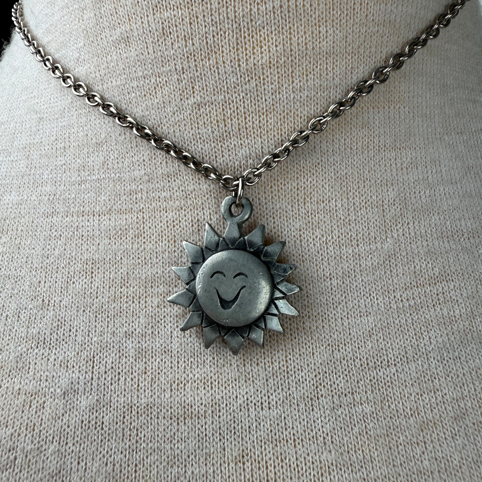 Vintage Pewter Sun Pendant Chain Necklace Norway Pewter 666EH 16″