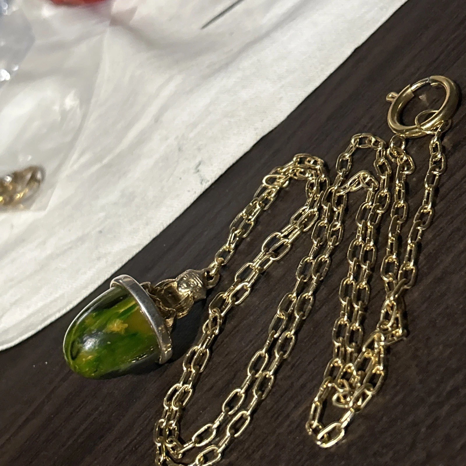 Vintage 30g Green Yellow Tested Bakelite Buddha Fob Pendant French 32” Necklace