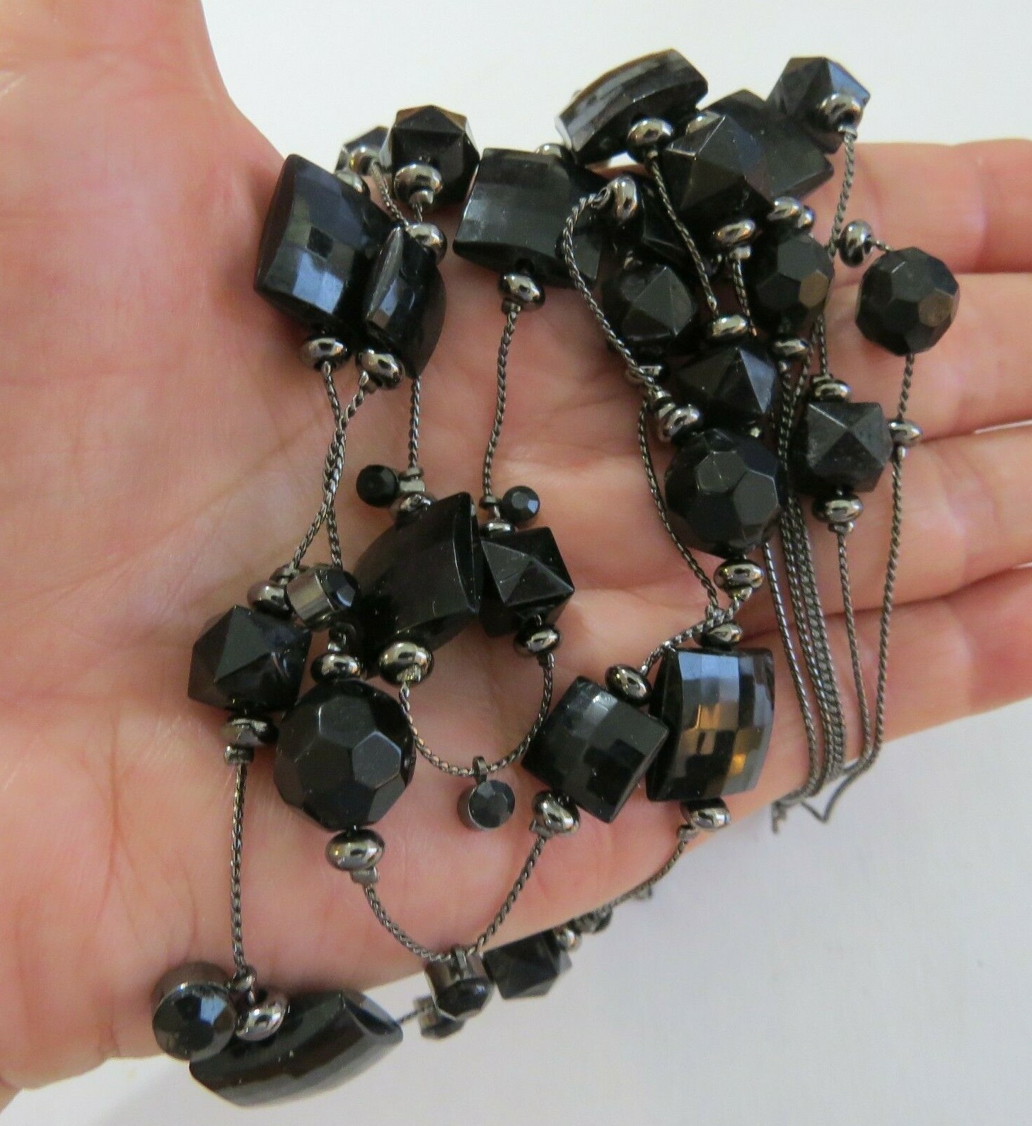 3 Strand Black Lucite Crystal Necklace 1.5 * 18 to 21 in