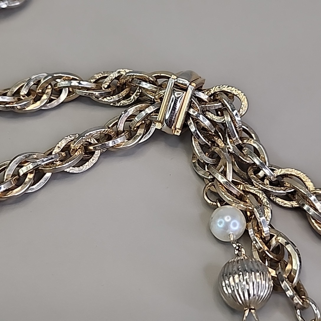Vintage Slider Rope Necklace Tassel Faux Pearls Ribbed Ball Beads Chunky 28″