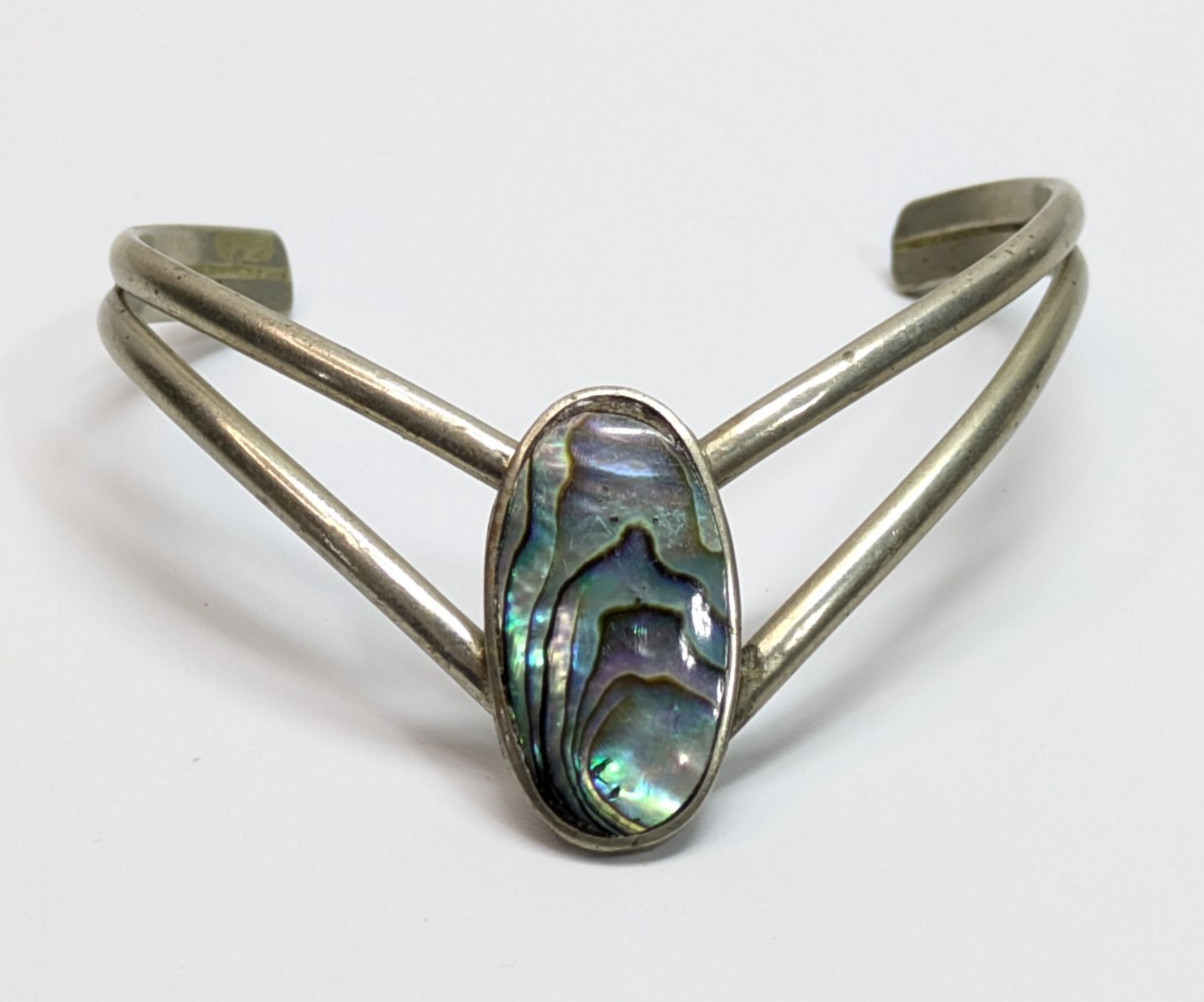 VTG Alpaca Silver Mexico Unique Abalone Shell Cuff Bracelet Double Bar