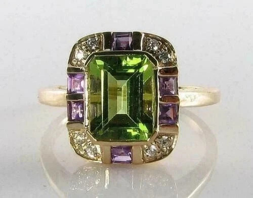 Art Deco 3.5Ct Emerald Cut Peridot Amethyst Lab Created Diamond 14K Gold FN Ring