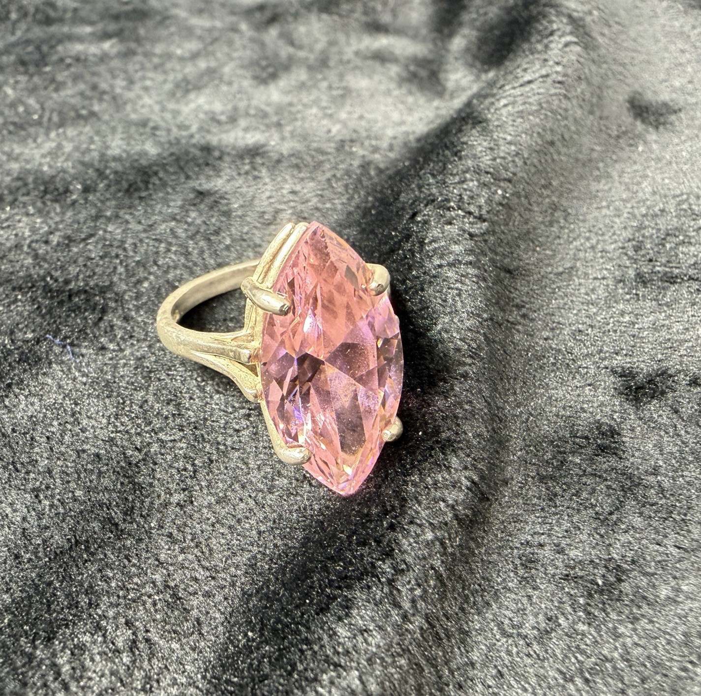 Vtg Sterling Silver Ring .925 Sz 7 Large Marquis Pink Stone Cocktail Statement