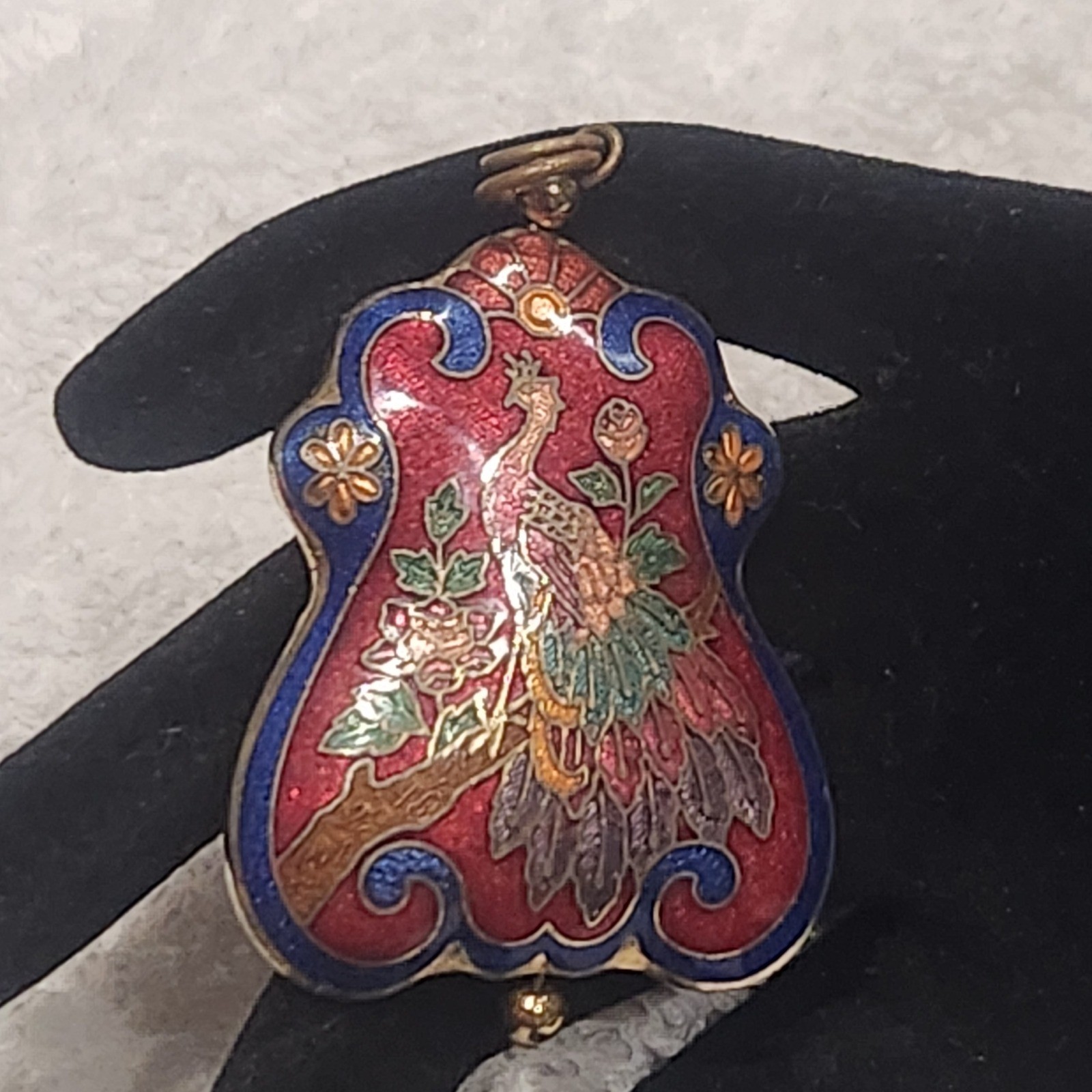 Vintage Cloisonne Pendant Peacock Bird Floral Red Blue Gold Tone 2in.