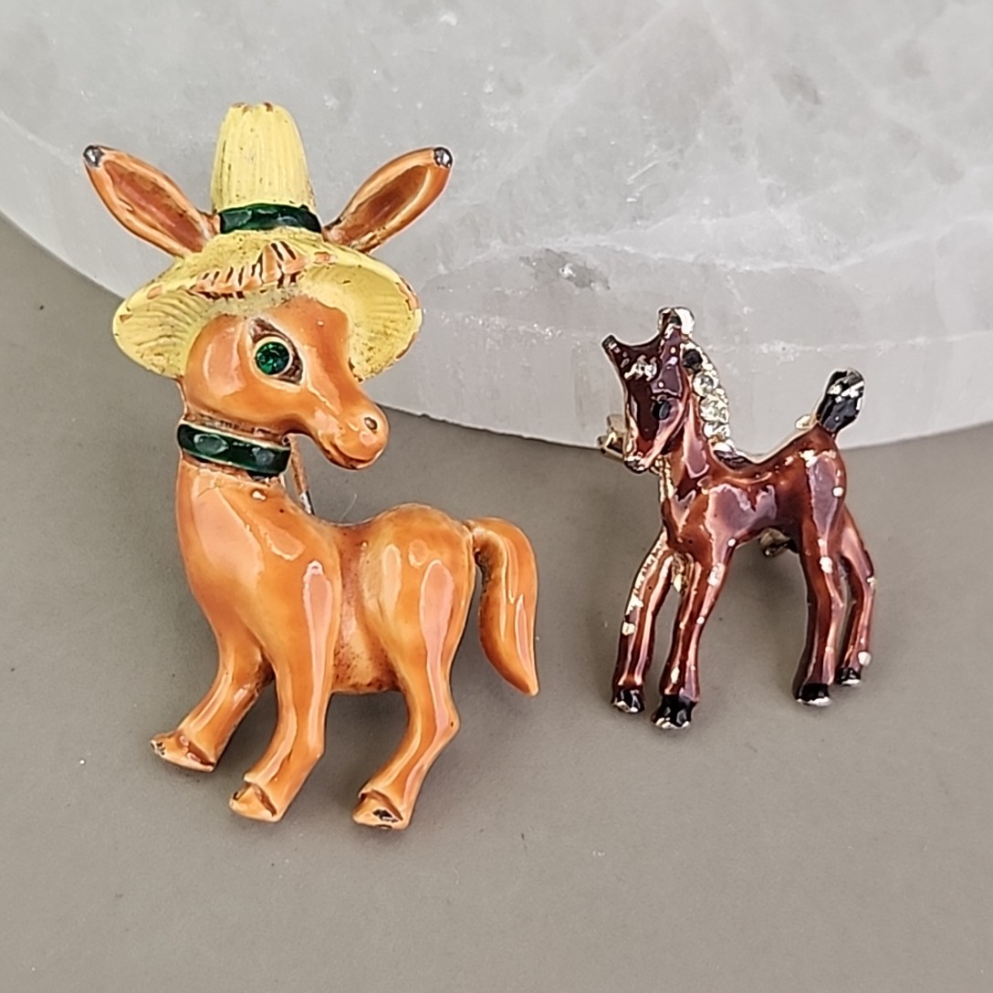 Vintage Enamel Horse Brooch Lot of 2 Brown Donkey With Hat 1 – 1 .75″