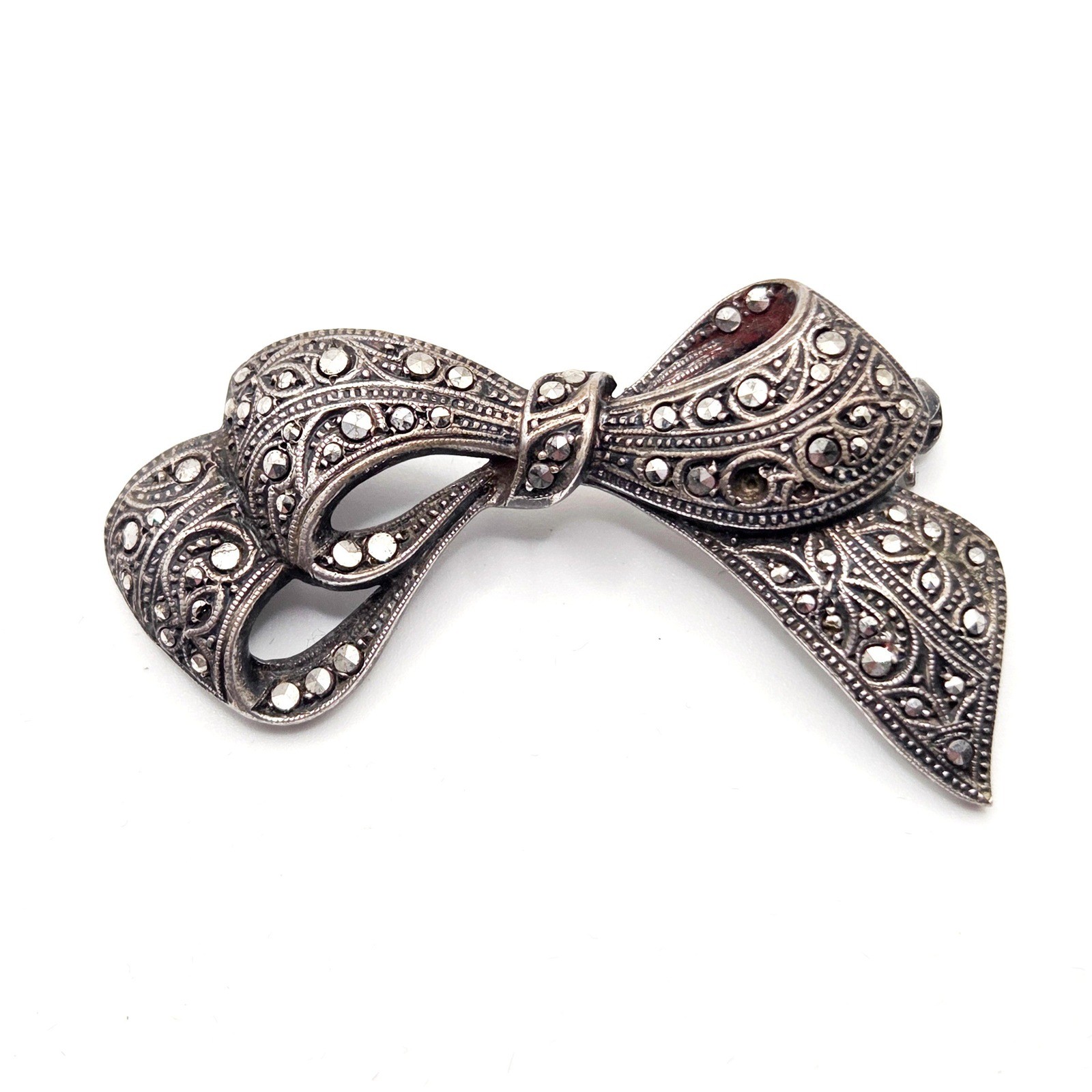 Vintage 835 Silver Marcasite Bow Brooch Art Deco Ribbon Pin European Silver