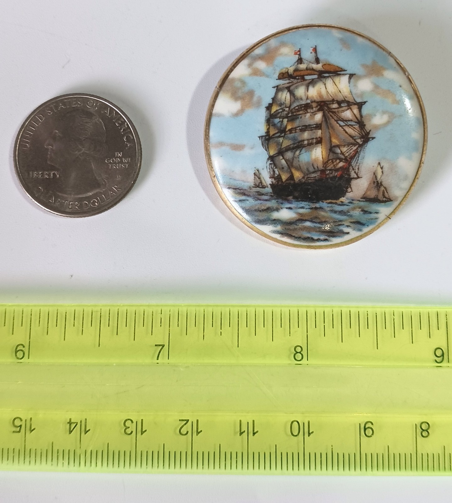 Vtg (Antique?) Painted Porcelain Brooch 1-5/8″ w/ Clipper Ship Under Full Sail