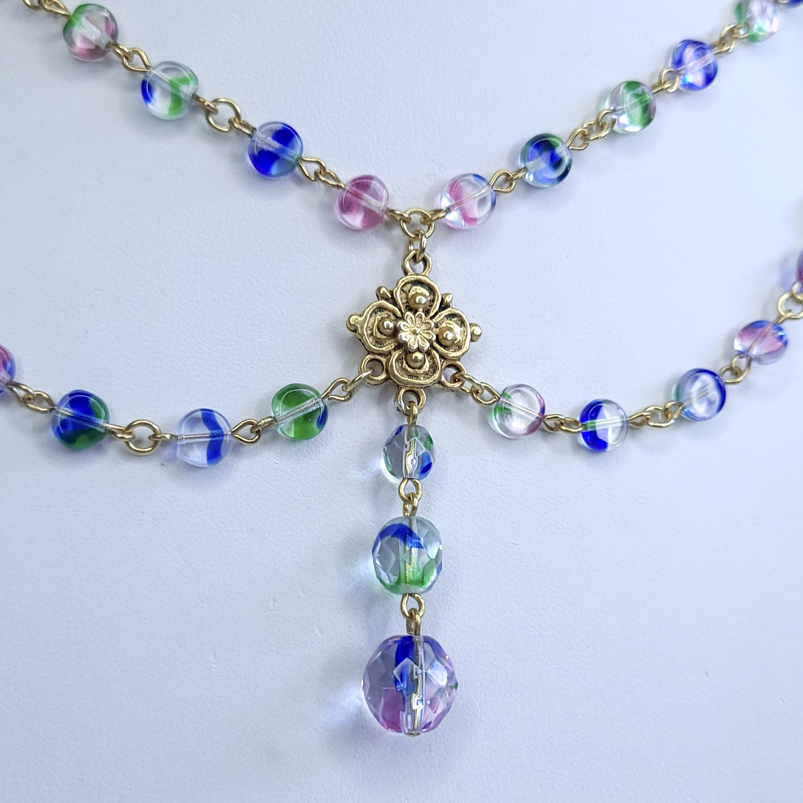 Iris Glass Necklace 18” Multicolor Czech Vintage Beads Women`s Jewelry