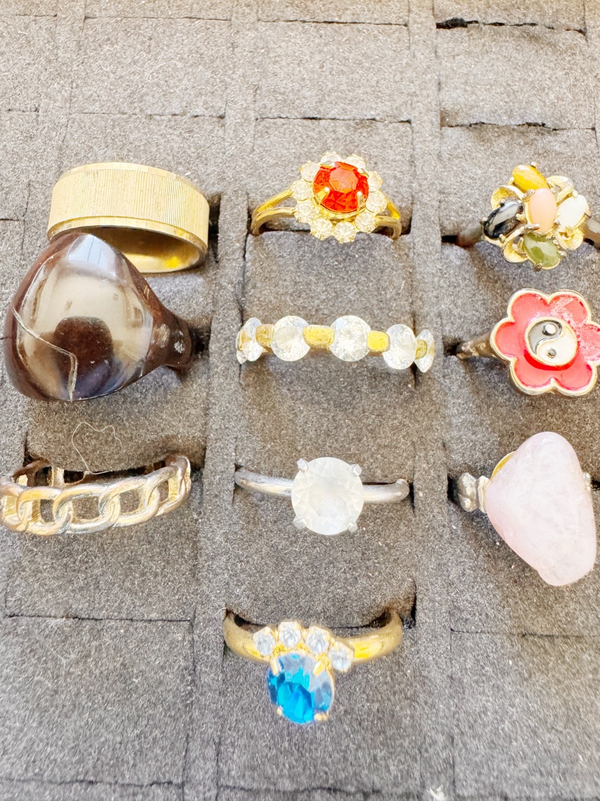 Vintage Gold Tone Ring Lot 10pc Rhinestone Faux Pearl Geometric Stackable Mixed
